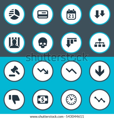Set Of 16 Simple Impasse Icons. Can Be Found Such Elements As Clock, Plastic Card, Downward And Other.