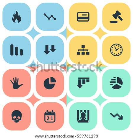 Set Of 16 Simple Impasse Icons. Can Be Found Such Elements As Graph Decreases, Bar Graph, Clock And Other.