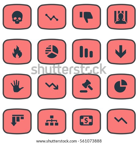 Set Of 16 Simple Impasse Icons. Can Be Found Such Elements As Penitentiary, Circular Diagram, Net And Other.