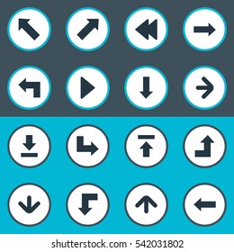 Set Of 16 Simple Indicator Icons. Can Be Found Such Elements As Downwards Pointing, Right Direction, Let Down And Other.