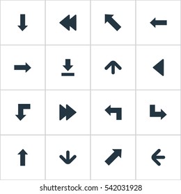 Set Of 16 Simple Indicator Icons. Can Be Found Such Elements As Let Down, Left Landmark , Pointer.