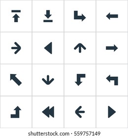 Set Of 16 Simple Indicator Icons. Can Be Found Such Elements As Right Direction, Right Direction, Let Down And Other.