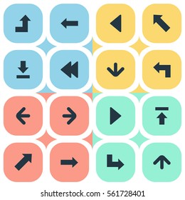 Set Of 16 Simple Indicator Icons. Can Be Found Such Elements As Left Landmark , Right Direction , Rearward.