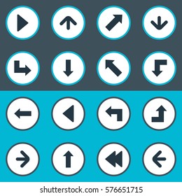 Set Of 16 Simple Indicator Icons. Can Be Found Such Elements As Right Direction, Pointer, Downwards Pointing And Other.