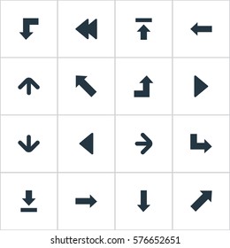 Set Of 16 Simple Indicator Icons. Can Be Found Such Elements As Left Direction, Let Down, Downwards Pointing And Other.