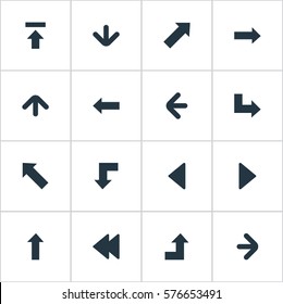 Set Of 16 Simple Indicator Icons. Can Be Found Such Elements As Transfer, Left Direction, Rearward And Other.