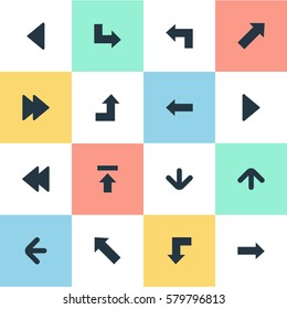 Set Of 16 Simple Indicator Icons. Can Be Found Such Elements As Left Direction, Upward Direction, Advanced And Other.