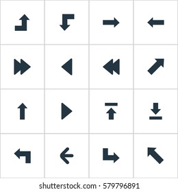 Set Of 16 Simple Indicator Icons. Can Be Found Such Elements As Let Down, Left Direction, Rearward And Other.