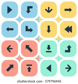 Set Of 16 Simple Indicator Icons. Can Be Found Such Elements As Left Direction, Right Direction, Pointer And Other.