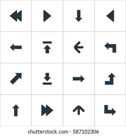 Set Of 16 Simple Indicator Icons. Can Be Found Such Elements As Downwards Pointing, Right Landmark, Pointer.