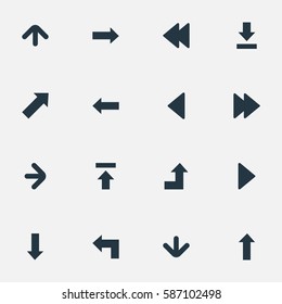 Set Of 16 Simple Indicator Icons. Can Be Found Such Elements As Right Direction, Pointer, Increasing And Other.