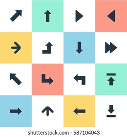 Set Of 16 Simple Indicator Icons. Can Be Found Such Elements As Increasing, Right Direction, Let Down And Other.