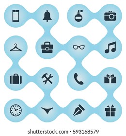 Set Of 16 Simple Instrument Icons. Can Be Found Such Elements As Ink Pencil, Hanger, Ring And Other.