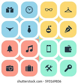 Set Of 16 Simple Instrument Icons. Can Be Found Such Elements As Time, Hanger, Digital Camera And Other.
