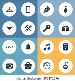 Set Of 16 Simple Instrument Icons. Can Be Found Such Elements As System Unit, Repair, Ink Pencil And Other.