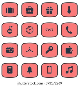 Set Of 16 Simple Instrument Icons. Can Be Found Such Elements As Music, Fragrance, Hanger And Other.