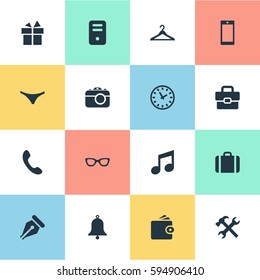 Set Of 16 Simple Instrument Icons. Can Be Found Such Elements As Repair, Hanger, Eyeglasses And Other.