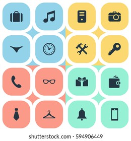 Set Of 16 Simple Instrument Icons. Can Be Found Such Elements As Time, System Unit, Underwear And Other.