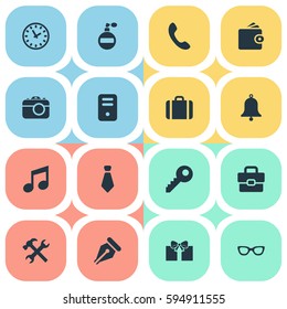 Set Of 16 Simple Instrument Icons. Can Be Found Such Elements As System Unit, Repair, Briefcase And Other.