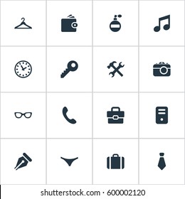 Set Of 16 Simple Instrument Icons. Can Be Found Such Elements As Digital Camera, Call Button, Ink Pencil And Other.