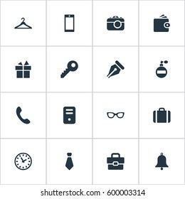 Set Of 16 Simple Instrument Icons. Can Be Found Such Elements As Billfold, Ring, Briefcase And Other.