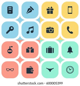 Set Of 16 Simple Instrument Icons. Can Be Found Such Elements As Digital Camera, Gift, Ring And Other.