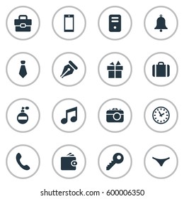 Set Of 16 Simple Instrument Icons. Can Be Found Such Elements As Ink Pencil, Mobile Phone, Music And Other.