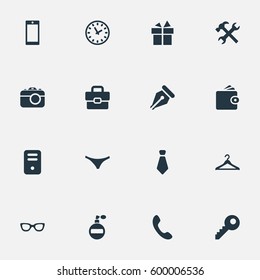 Set Of 16 Simple Instrument Icons. Can Be Found Such Elements As Repair, Eyeglasses, Fragrance And Other.