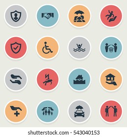 Set Of 16 Simple Insurance Icons. Can Be Found Such Elements As Contract, Medical Attendance, Reliability And Other.