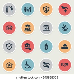 Set Of 16 Simple Insurance Icons. Can Be Found Such Elements As Handicapped, Slide Down, Banking House.
