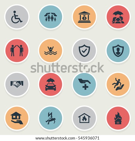 Set Of 16 Simple Insurance Icons. Can Be Found Such Elements As Estate Fuse, Home Protect  From Fire, Electric Shock  Jeopardy And Other.