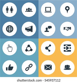 Set Of 16 Simple Internet Icons. Can Be Found Such Elements As Chain, Web, Point And Other.