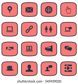 Set Of 16 Simple Internet Icons. Can Be Found Such Elements As New Mail, Agreement, Group And Other.
