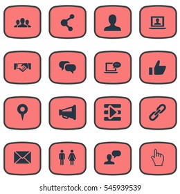 Set Of 16 Simple Internet Icons. Can Be Found Such Elements As Megaphone, Letter, Profile And Other.