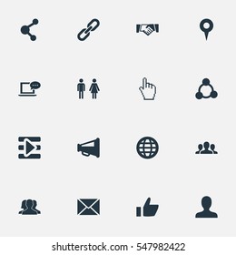 Set Of 16 Simple Internet Icons. Can Be Found Such Elements As Agreement, Publish, Chain And Other.