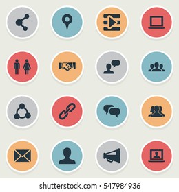 Set Of 16 Simple Internet Icons. Can Be Found Such Elements As Media Control, Chatting, Letter And Other.