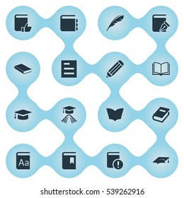 Set Of 16 Simple Knowledge Icons. Can Be Found Such Elements As Pen, Notebook, Reading And Other.