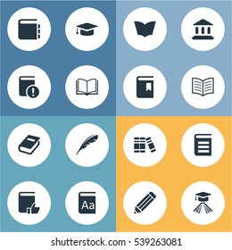 Set Of 16 Simple Knowledge Icons. Can Be Found Such Elements As Important Reading, Bookshelf, Book Cover And Other.