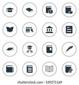 Set Of 16 Simple Knowledge Icons. Can Be Found Such Elements As Bookshelf, Journal, Encyclopedia And Other.