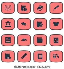 Set Of 16 Simple Knowledge Icons. Can Be Found Such Elements As Reading, Sketchbook, Alphabet And Other.