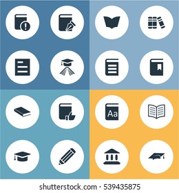 Set Of 16 Simple Knowledge Icons. Can Be Found Such Elements As Reading, Alphabet, Pen And Other.