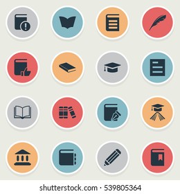 Set Of 16 Simple Knowledge Icons. Can Be Found Such Elements As Journal, Encyclopedia, Blank Notebook And Other.