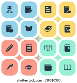 Set Of 16 Simple Knowledge Icons. Can Be Found Such Elements As Important Reading, Pen, Notebook And Other.