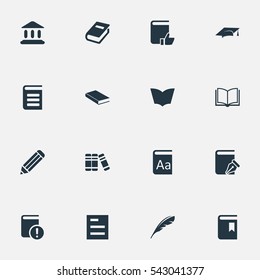 Set Of 16 Simple Knowledge Icons. Can Be Found Such Elements As Reading, Blank Notebook, Pen And Other.