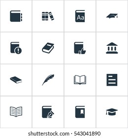 Set Of 16 Simple Knowledge Icons. Can Be Found Such Elements As Journal, Book Cover, Academic Cap And Other.