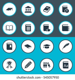 Set Of 16 Simple Knowledge Icons. Can Be Found Such Elements As Encyclopedia, Plume, Blank Notebook And Other.