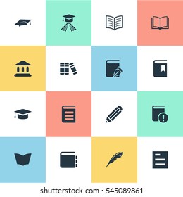 Set Of 16 Simple Knowledge Icons. Can Be Found Such Elements As Academic Cap, Reading, Graduation Hat And Other.