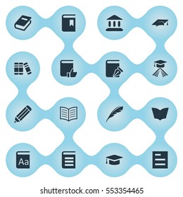 Set Of 16 Simple Knowledge Icons. Can Be Found Such Elements As Academic Cap, Sketchbook, Book Cover And Other.