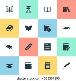 Set Of 16 Simple Knowledge Icons. Can Be Found Such Elements As Sketchbook, Reading, Book Page And Other.