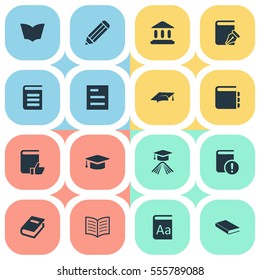 Set Of 16 Simple Knowledge Icons. Can Be Found Such Elements As Encyclopedia, Journal, Recommended Reading And Other.